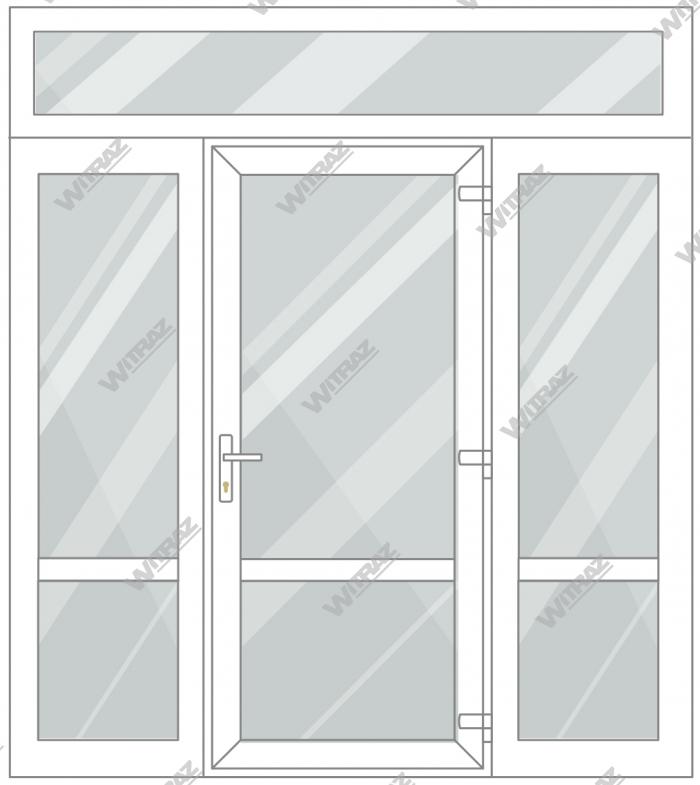 PVC entrance doors with 2 side and 1 top windows - Door (glass + glass) + 2 Sides (glass + glass) + Upper window (glass)