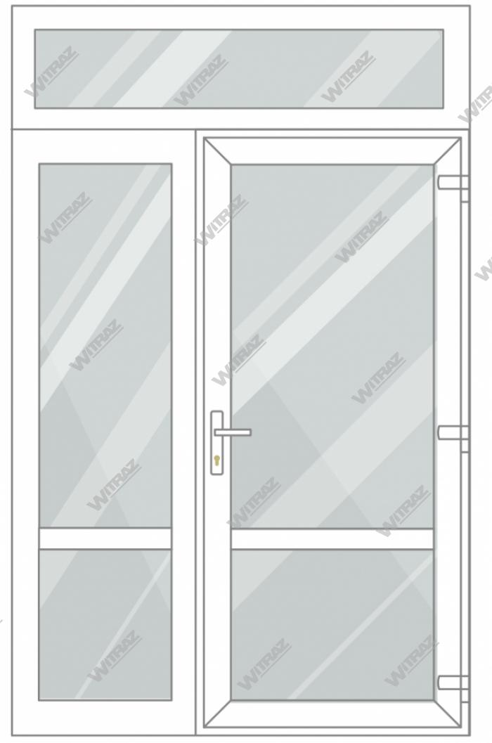 PVC entrance doors with 1 side and 1 top windows - Door (glass + glass) + Side (glass + glass) + Upper window (glass)