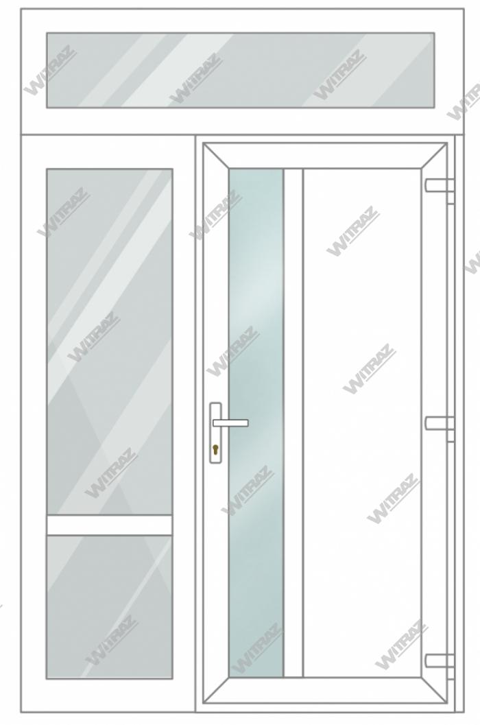 Входные пластиковые двери с 1 боковой и 1 верхней витринами - Дверь (матовое стекло + пластик) + Боковина (стекло + стекло) + Верх (стекло)