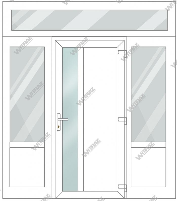 PVC entrance doors with 2 side and 1 top windows - Door (matte glass + PVC) + 2 Sides (glass + PVC) + Upper window (glass)