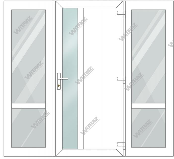 PVC entrance doors with 2 side windows - Door (matte glass + PVC) + 2 Sides (glass + glass)