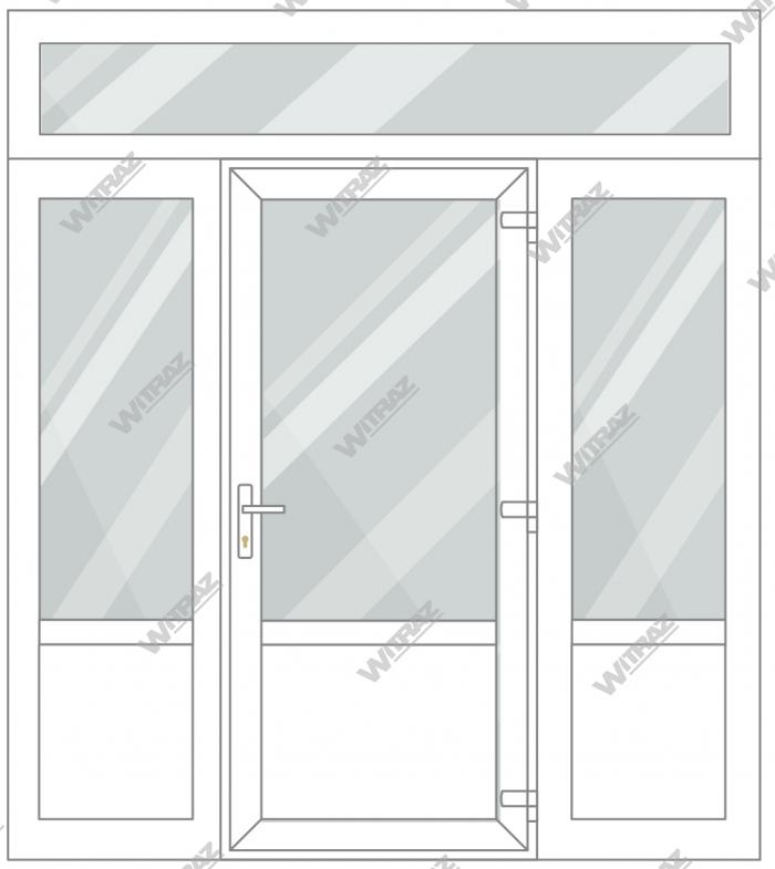 PVC entrance doors with 2 side and 1 top windows - Door (glass + PVC) + 2 Sides (glass + PVC) + Upper window (glass)