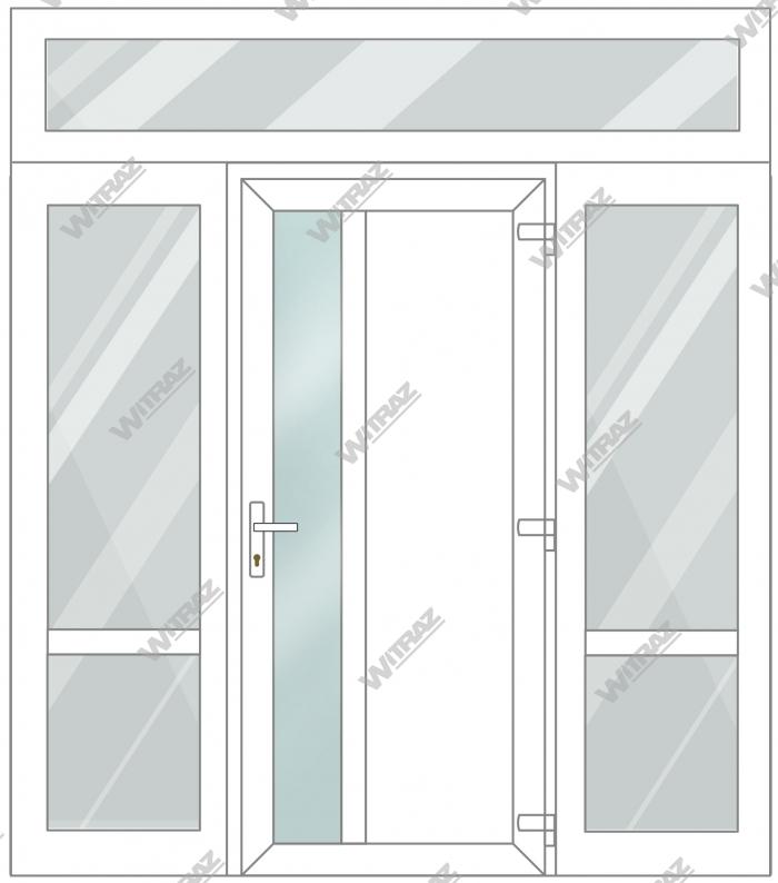 PVC entrance doors with 2 side and 1 top windows - Door (matte glass + PVC) + 2 Sides (glass + glass) + Upper window (glass)
