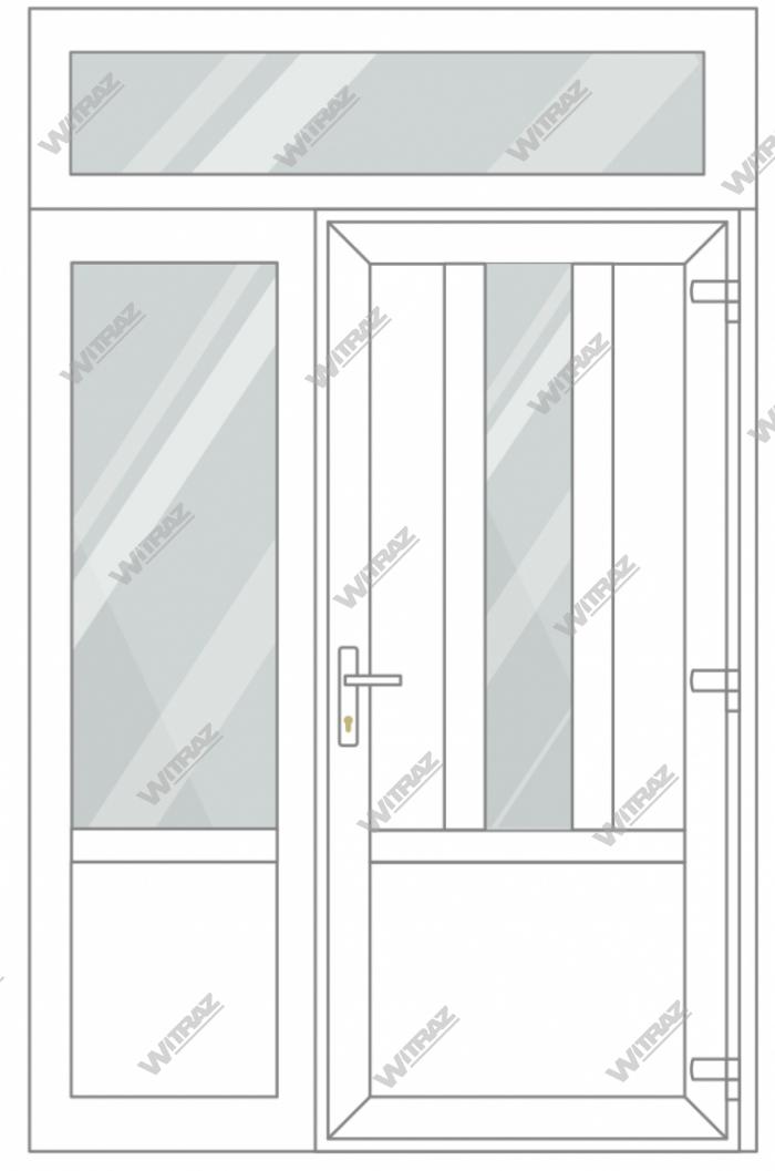  PVC entrance doors with 1 side and 1 top windows - Door ((PVC + glass + PVC) + PVC)) + Side (glass + PVC) + Upper window (glass)