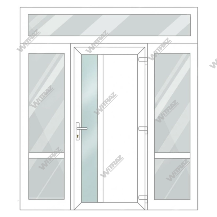 Puertas de entrada de PVC con dos ventanas laterales y con una ventana superior - Puerta (cristal mate + PVC) + 2 laterales (cristal + cristal) + ventana superior (cristal)