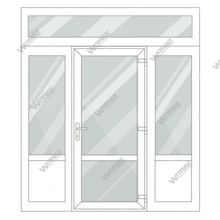 PVC entrance doors with 2 side and 1 top windows - Door (glass + glass) + 2 Sides (glass + PVC) + Upper window (glass)