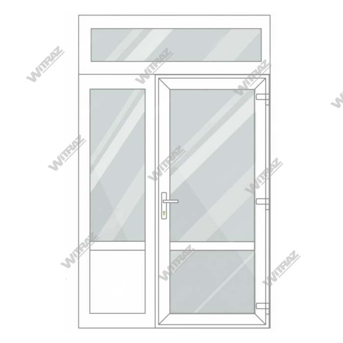  PVC entrance doors with 1 side and 1 top windows - Door (glass + glass) + Side (glass + PVC) + Upper window (glass)